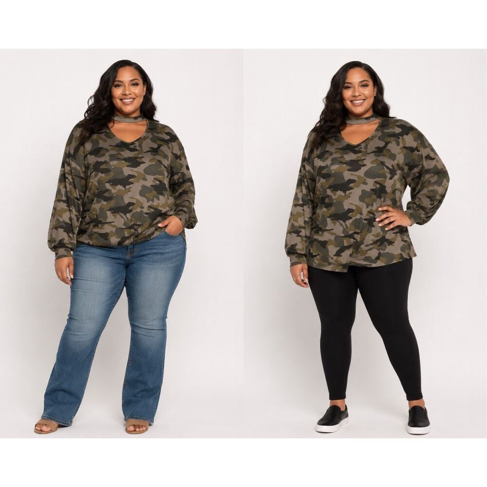 COMO VINTAGE Green Camo Choker Neck Knit Top 2X Soft Stretch Long Sleeve Plus Si